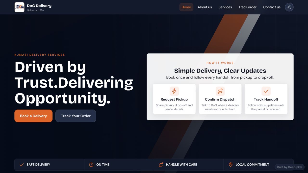 Responsive DnG Delivery business website designed by GearUp GH